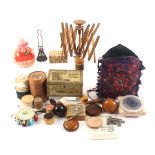 A mixed lot sewing and crafts, including a wool winder, 30cms, a pin doll, Ebor Darner, Patent