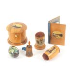 Mauchline ware - sewing - six pieces, comprising a cylinder form crochet ball holder in alternate