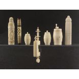 A mixed lot of 19th Century ivory and other sewing tools, comprising three ivory cotton barrels, the