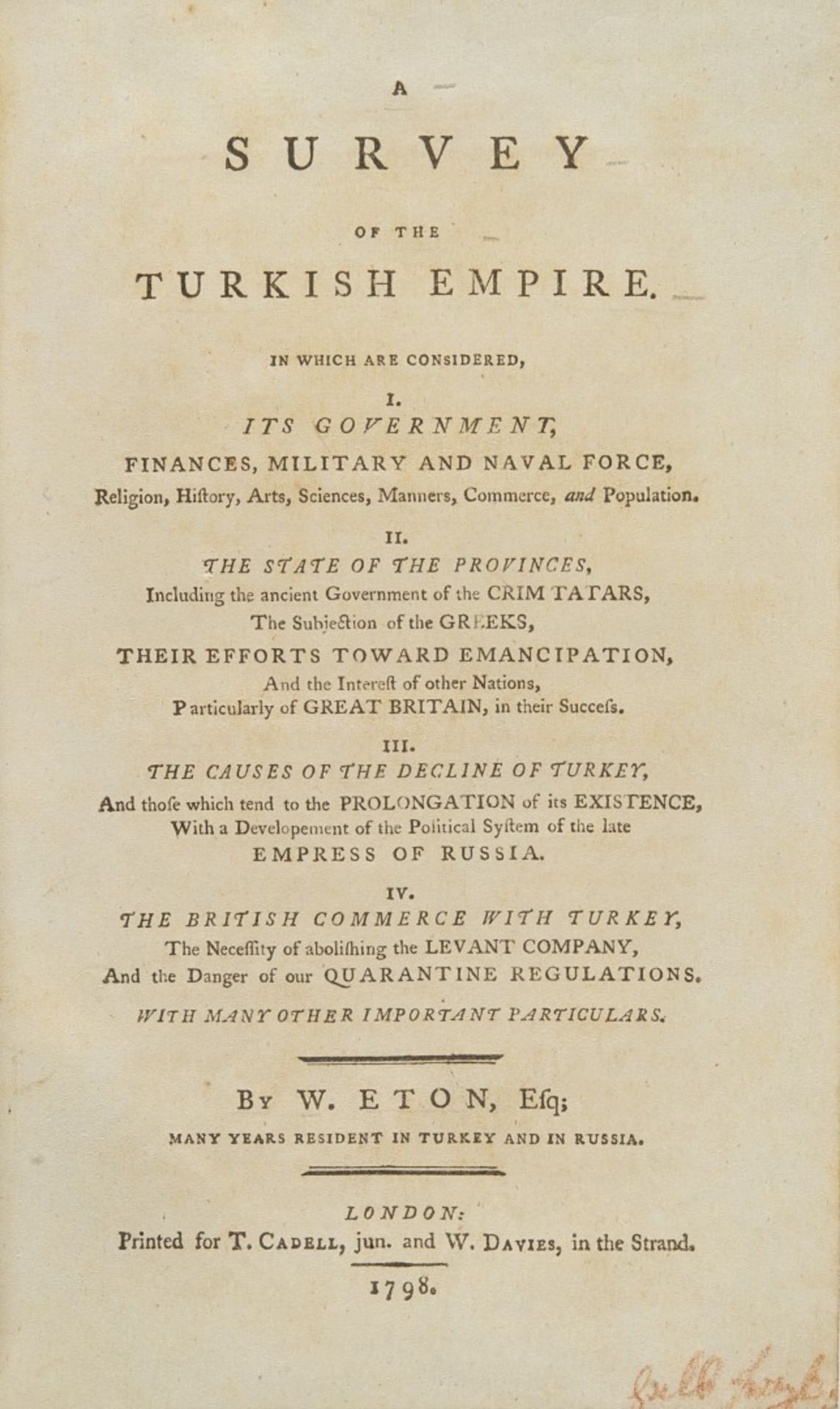 Eton, William A survey of the Turkish empire. 