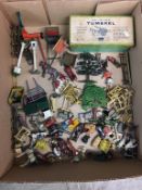 A box of loose metal farmyard figures and accessories, Britains and others and a Britains Home