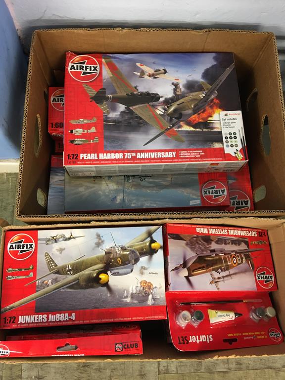 Two boxes of Airfix model making kits, aircraft, vehicle set, ships and starter sets etc., boxed