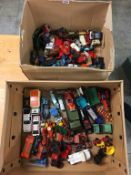 Two boxes of loose Die Cast vehicles, Matchbox etc.