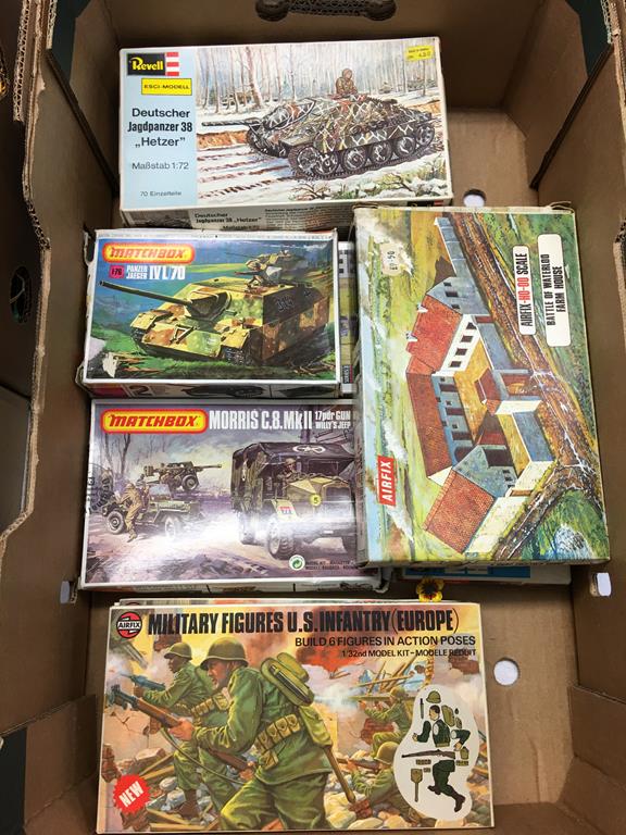 A box of model making kits to include; Airfix military figures, Matchbox and Revell etc. - Image 2 of 2