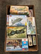 One box of model making kits, including Esci British Tank, MK3 Valentine, Matchbox Junkers JU88