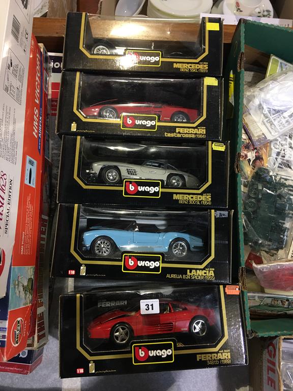 Five Burago 1:18 scale Die Cast cars