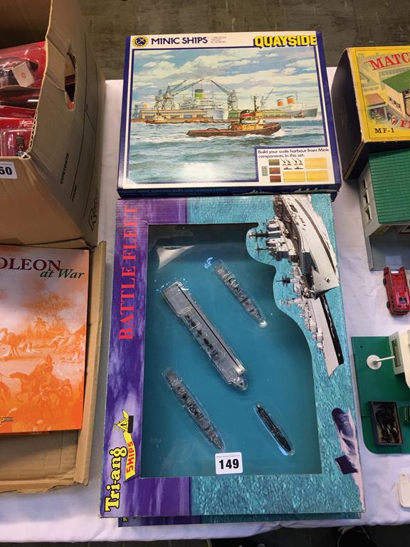 A quantity of boxed Triang Minic items to include; three Quayside sets, two Fleet Anchorage sets and