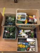 Five boxes of Die Cast and plastic toys to include military vehicles and vehicles from various