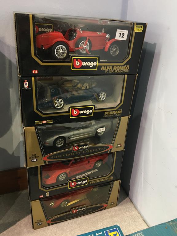 Five Burago 1:18 scale Die Cast cars