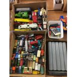 Two boxes of various Die Cast vehicles; Lledo, Matchbox, Lesney etc., plus a quantity of rail