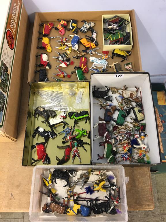 Four boxes of loose metal miniatures, jousting knights etc.