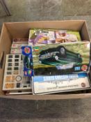 A box of model making kits to include; Airfix, Roman Fort and a 1:32 scale Airfix MGB Roadster,