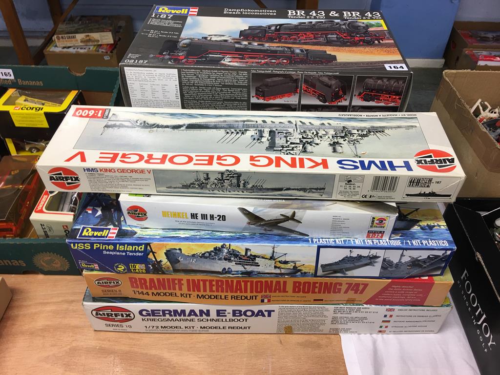 Eight large model making kits, including Airfix German E-boat and Revell Locomotives etc., boxed