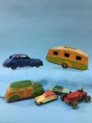 A tray of vintage tin plate toy vehicles to include; Mettoy tin caravan, a Chad Valley car etc.