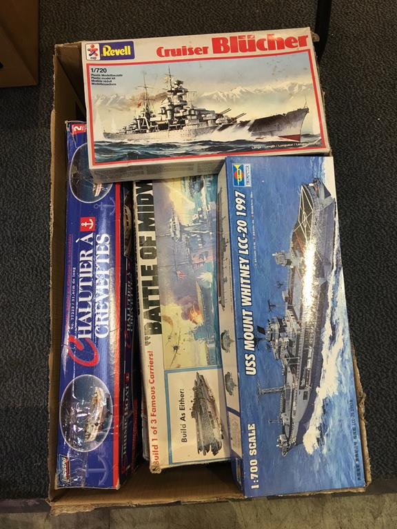 A box of model making sets to include; Revell 'Battle of Midway' carrier etc.