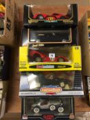 Five boxed Die Cast cars, 1:25 and 1:18 scale, Burago, Mira, Ertl, Jouef Evolutions and Maisto