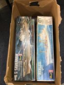 A box of model making kits to include; Airfix 600 scale Queen Elizabeth II
