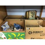 Four boxes of china, glassware, prints etc.