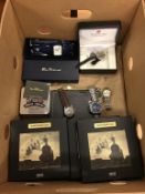 Nine boxes of Atlas miniatures 1/220, a Ben Sherman car desk clock and various watches