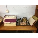 Two sets of vintage boxed Pyrex, mantel clock, decorative tray etc.