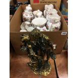 A box of Fenton china and a sculpture
