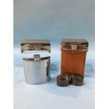 Pair of silver napkin rings, two hip flasks and a pair of plated cigarette boxes