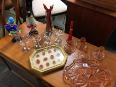 Two glass clowns, four Babycham glasses, a dressing table set etc.