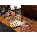 Two glass clowns, four Babycham glasses, a dressing table set etc.