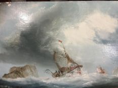 P. J. Wintrip, oil on board, signed, 'Two tug boats at night with lighthouse', and 'Two fishing