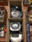 Two boxes of silver plated wares, hammered pewter etc.