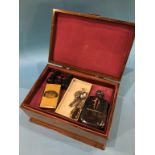 A walnut box containing; hip flask, a Mauchline ware prayer book, 'Kelso Abbey' and 'Floors Castle',