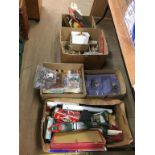 Five boxes of assorted items to include books, binoculars, various boxes of model birds etc.