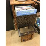 An oak 'The Barkingside' record cabinet and records, with pull out front opening to reveal record