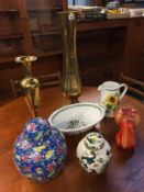 Masons ginger jar, Portmeirion china, two coloured glass pieces of fruit etc.