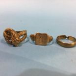 A 9ct gold snake ring and two other rings, weight 11.0 gram