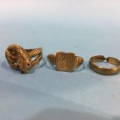 A 9ct gold snake ring and two other rings, weight 11.0 gram