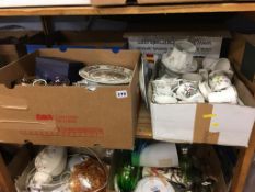 Four boxes of china, glassware, LPs etc.