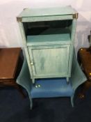 Blue Lloyd Loom chair and a basket weave bedside cabinet