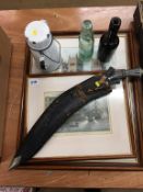 Two North East glass bottles, two local pictures, an enamel water carrier and a knife set