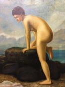 Nigel R, modern, signed, 'Female nude clambering on on the rocks', 59 x 49cm