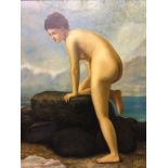 Nigel R, modern, signed, 'Female nude clambering on on the rocks', 59 x 49cm