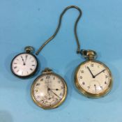 A silver pocket watch and two plated watches