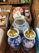 Box of china, large blue and white vase and a pair of table lamps