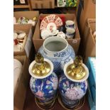 Box of china, large blue and white vase and a pair of table lamps