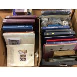 Two boxes containing First Day Covers, a loose stamp collection, Penny Red stamps, stamp album etc.