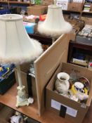 Two boxes of china, pair of lamps and a print of the Lake District