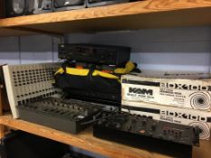 Two KAM BD x100 record decks, a GAM GMX5 MKII mixer, a Maplin SA-2020 mixer, a Sansui MX-12 mixer