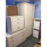 Double door wardrobe, pair of bedside cabinets and two cream chests of drawers