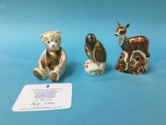 Three Royal Crown Derby paperweights, with gold stoppers