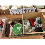 Two boxes of assorted including a taza, gurgling jug, cutlery etc.